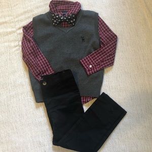 Boys 4 piece set, plaid shirt, sweater vest and bow tie, and Black pants